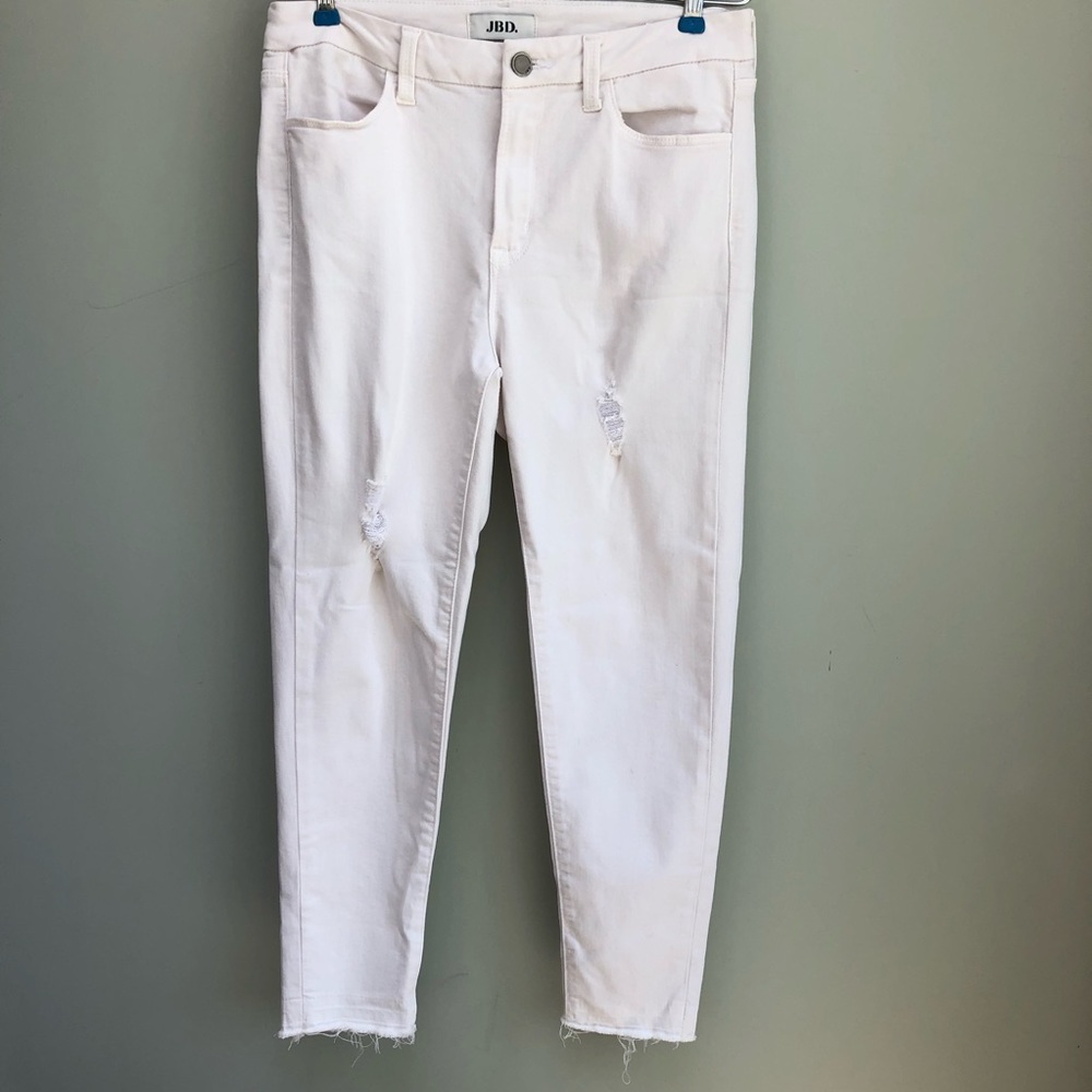 JBD | White Skinny Fray Hem Distressed Jeans